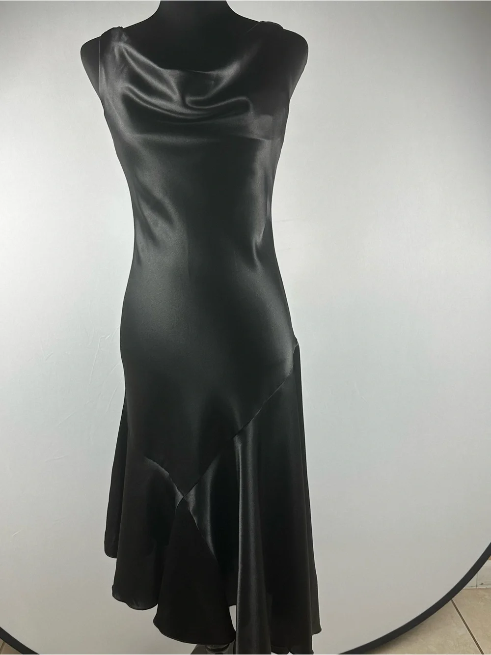 Black Satin Cowl Neck Midi Dress Size 2 Elegant Evening - Picture 2 of 15